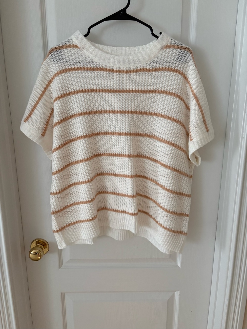 Cream Crewneck Sweater with Tan Stripes